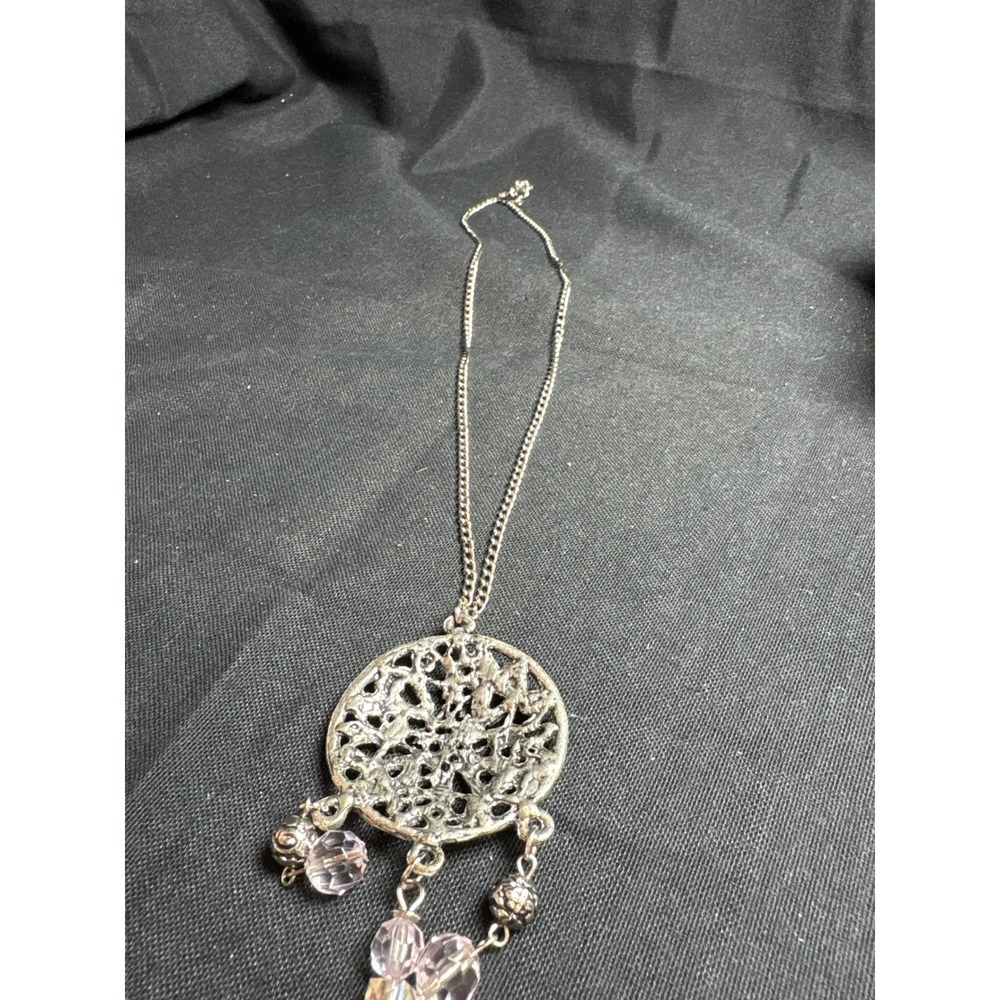 Silver Tone Filigree Medallion Pendant Necklace Iridescent Crystal Beads Boho - Picture 2 of 3